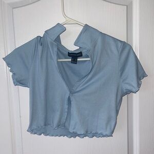 Light Blue Ribbed Cropped Button-Up Top